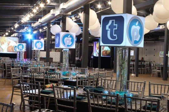 App Themed Bat Mitzvah with LED Lampshade Centerpieces and White Balloons on Ceiling at Factory 220, Passaic