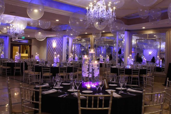 Club Themed Bnai Mitzvah with LED Orchid Centerpieces at Clear Bubbles on Ceiling at Seasons Catering