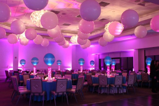 Club Themed Bat Mitzvah with LED Logo Centerpieces and White Balloon on Ceiling at Galloping Hills Country Club