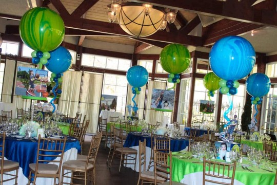 Central Park Themed Bar Mitzvah with Blue & Lime Marble Balloons at The Boathouse, Central Park