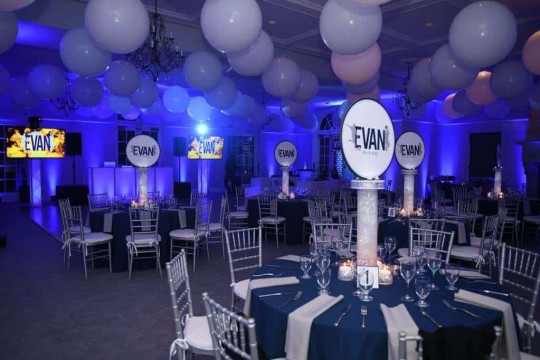 Sports Themed Bar Mitzvah with LED Logo Centerpieces, White Ceiling Balloons & Blue Lighting at Temple Shaaray Tefila, Bedford