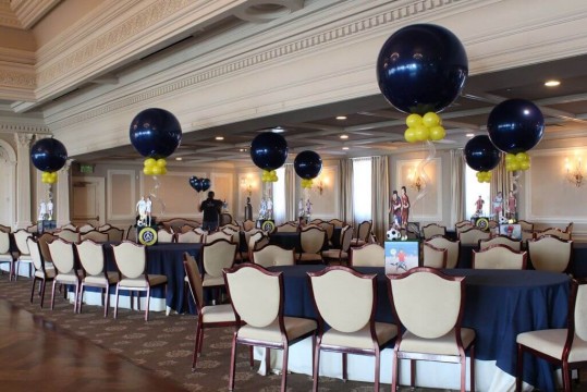 Soccer Themed Bar Mitzvah with Custom Cube Centerpiece and Navy & Yellow Balloons at the Park Savoy