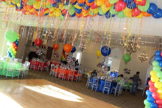 Amusement Park Themed Bar Mitzvah with Bright Colored Balloons at Temple Shaaray Tefila, Bedford, NY
