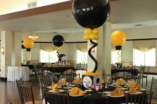 Steelers Themed Bar Mitzvah with Photo Cube Centerpieces, Custom Table Signs & Alternating Black & Yellow Balloons at Patriot Hills