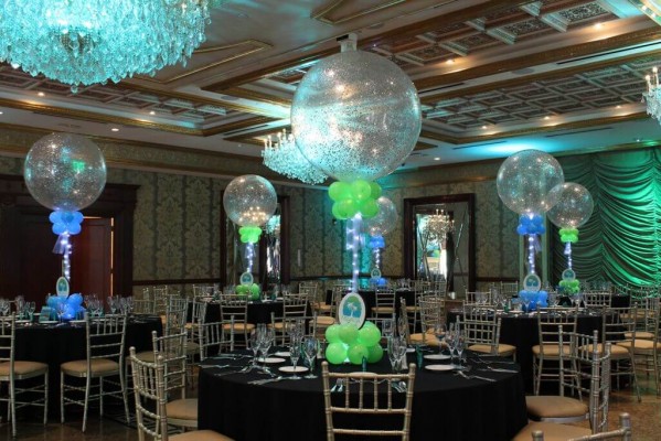 Beach Themed Bat Mitzvah with Turquoise & Lime Sparkle Balloon Centerpieces and Custom Logo Bases at Seasons