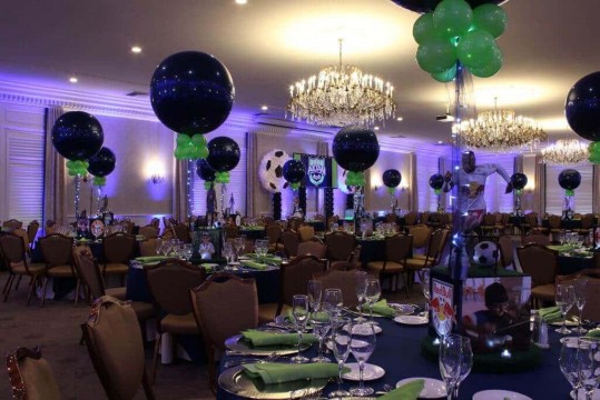 Soccer Themed Bar Mitzvah with Sports Themed Centerpieces, Custom Backdrop & LED Lighting at Blue Bell Country Club, PA