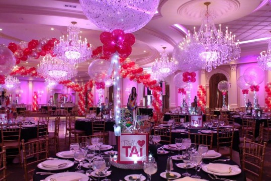 Pink Bat Mitzvah with Balloon Wrap around Dance Floor & Sparkle Balloon Centerpieces at The Rockleigh