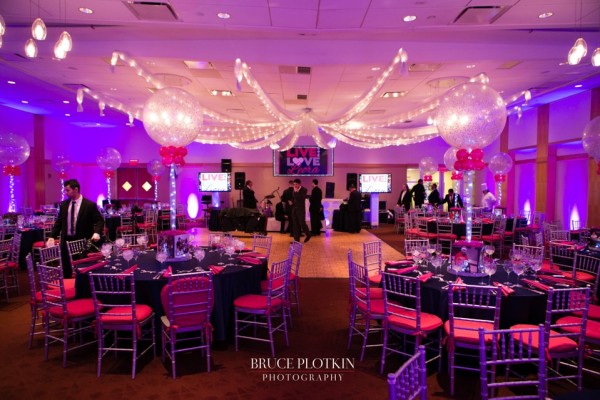 Hot Pink, Silver & Navy Bat Mitzvah with Sparkle Balloons & Ceiling Draping at Temple Bet Torah, Mt. Kisco