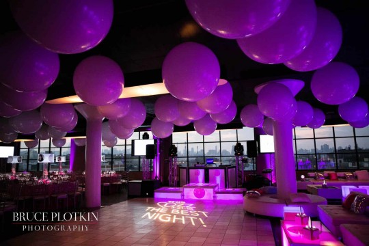 Club Themed Bat Mitzvah with White Balloons on Ceiling & Custom Lampshade Centerpieces