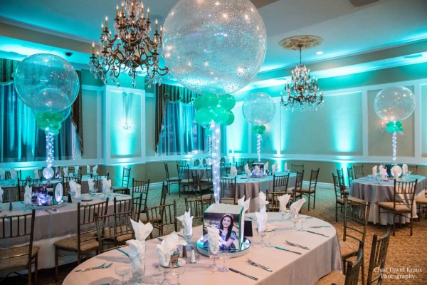 Lacrosse Themed Bat Mitzvah with Custom Photo Cube Centerpieces and LED Sparkle Balloons at Villa Barone Hilltop Manor