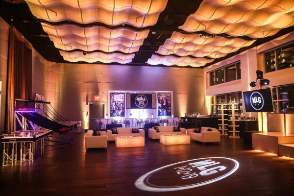 Hollywood Themed Bat Mitzvah with LED Lounge, Custom Backdrop & Gold Uplighting at Current, NYC