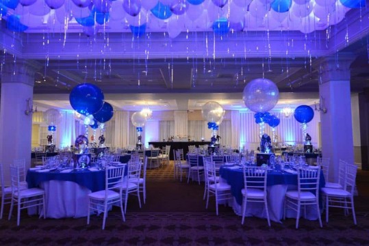 Rangers Themed Bar Mitzvah with Custom Centerpieces & Ceiling Balloons at Preakness Hills Country Club, NJ