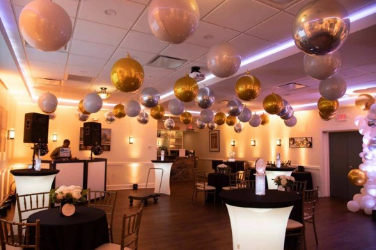 Gold & Silver 30th Birthday with Metallic Orbs Ceiling Treatment, LED Uplighting & Custom Centerpieces at Marcello's, Suffern