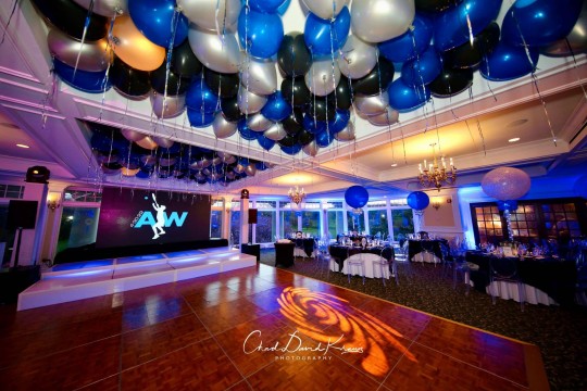 Tennis Themed Bar Mitzvah with Ceiling Balloons & Blue Uplighting at Scarsdale Golf Club