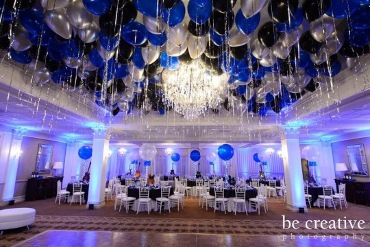 Music Themed Bar Mitzvah with Guitar Centerpieces & Loose Balloons on Ceiling at Preakness Hills Country Club