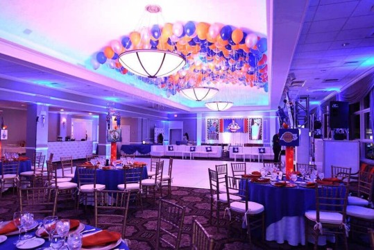 Basketball Themed Bar Mitzvah with Ceiling Balloons & Custom LED Centerpieces at Cedar Hill Country Club