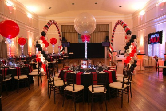 Red, Black & Silver Bar Mitzvah with Balloon Gazebo over Dance Floor, Custom Lounge & Photo Cube Centerpieces at CV Rich Mansion