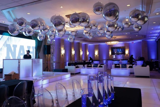 Blue & Silver Bar Mitzvah Setup with Metallic Orbz Ceiling Treatment, Blue Uplighting & Custom LED Lounge at Woodcliff Lake Hilton
