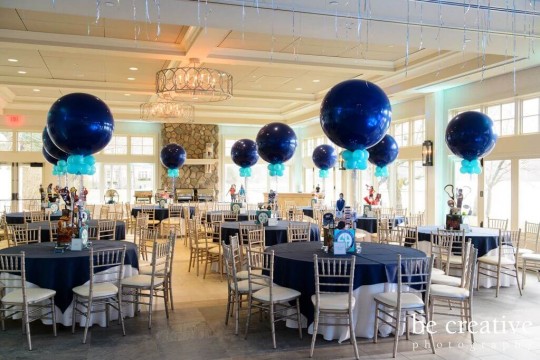 Navy & Turquoise B'nai Mitzvah with Custom Cube Centerpieces and 36" Balloons at Indian Trail Club