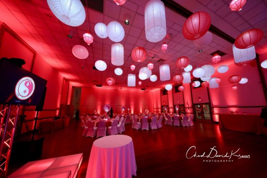 Asian Themed Bat Mitzvah with LED Lantern Ceiling, Red Uplighting & Custom Logo Centerpieces at Temple Israel Center, White Plains