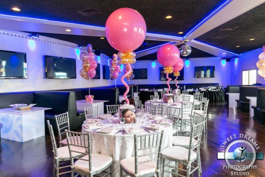 Baby Naming Party with Photo Cube Centerpieces & Pink & Gold Balloons