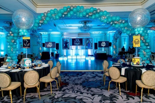Broadway Themed Bat Mitzvah with Custom Playbill Centerpieces, Balloon Wrap Around Dance Floor & LED Uplighting at the Hilton, Pearl River
