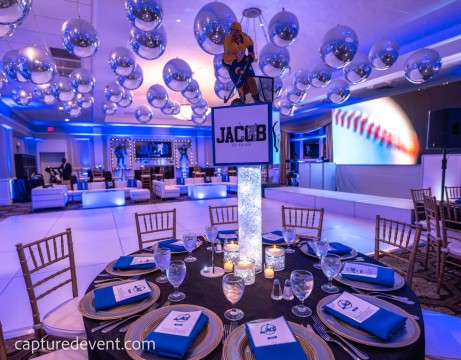 Hockey Themed Bar Mitzvah with Metallic Orbz. Ceiling Treatment & Custom Sports Centerpieces at Cedar Hill Country Club