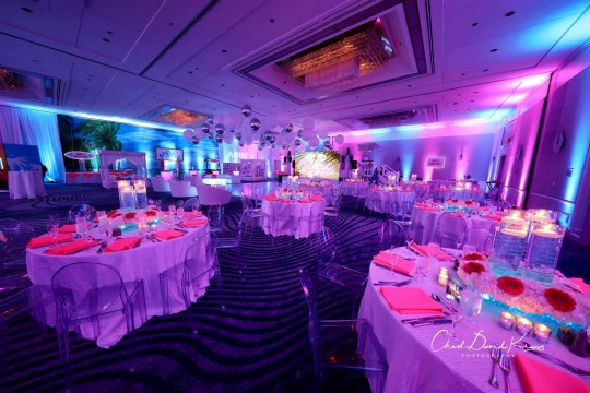 Beach Themed Bat Mitzvah with LED Floral Centerpieces, Custom Ceiling Treatment & Wall Mural at Greenwich Hyatt
