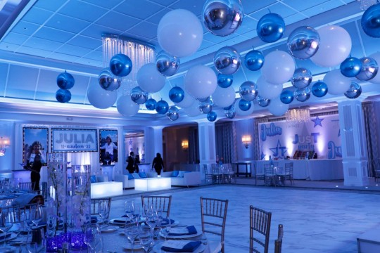 Club Themed Bat Mitzvah with Ceiling Balloons, Custom Logo Mural & LED Lounge Setup at Edgewood Country Club