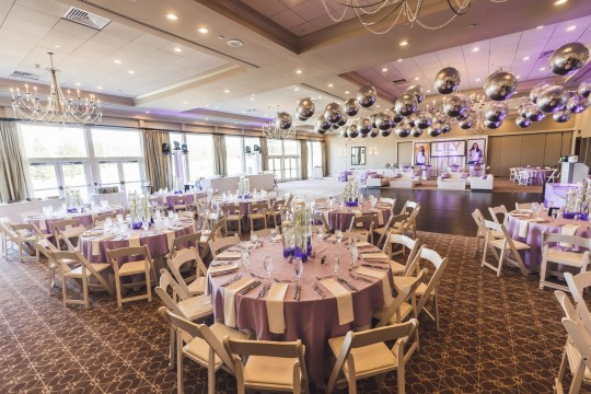 Bat Mitzvah at Brae Burn Country Club with LED Orchids Centerpiece, Silver Metallic Orbz Ceiling and Custom Backdrop