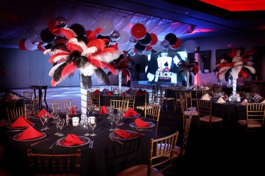 Casino Themed Bar Mitzvah with LED Feather Tree Centerpieces and Ceiling Balloon Treatment at Temple Emanu-el, Closter