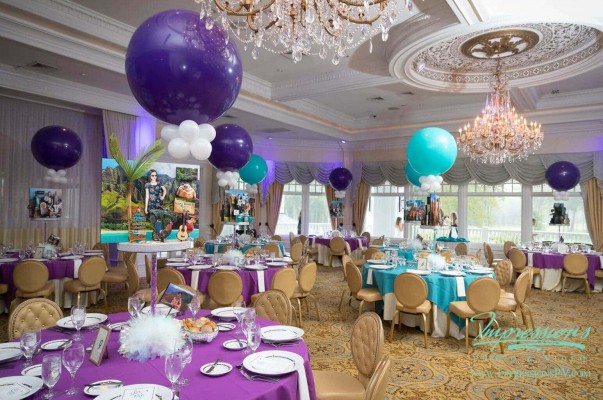 Travel Themed Bat Mitzvah with Diorama Centerpieces and Purple & Turquoise Balloons at Eagle Oaks Country Club