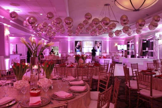 Pink & Gold Bat Mitzvah with Metallic Orbz Ceiling Treatment, LED Floral Centerpieces & Custom Backdrop at Cedar Hill Country Club