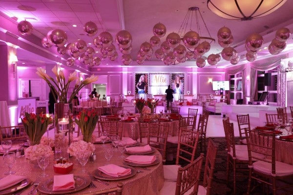 Pink & Gold Bat Mitzvah with Metallic Orbz Ceiling Treatment, LED Floral Centerpieces & Custom Backdrop at Cedar Hill Country Club