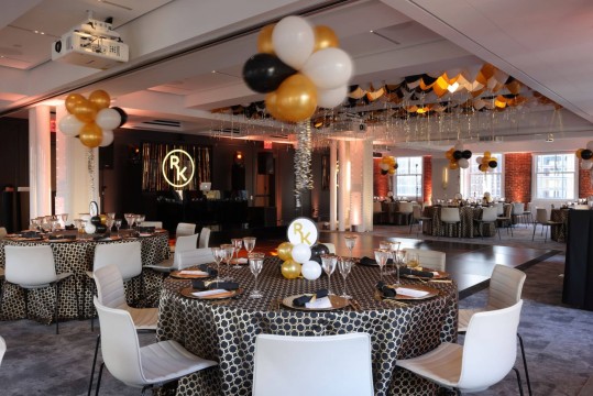 Gold, Black & White Graduation with Topiary Balloon Centerpieces & Loose Balloons over Dance Floor at Studio Gather, NYC