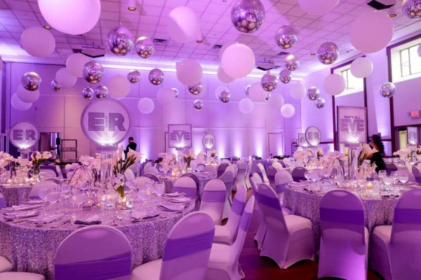 Lavender & Silver Club Themed Bat Mitzvah  with LED Centerpieces, White & Silver Ceiling Balloons & LED Uplighting at Temple Israel Center, White Plains