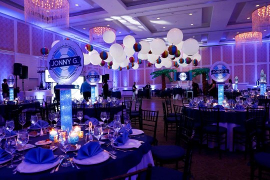 Beach Themed Bar Mitzvah with LED Balloons & Beach Balls over Dance Floor, LED Logo Centerpieces and Uplighting at Doral Arrowwood