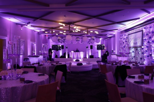 Bat Mitzvah at Hotel Zero Degrees - Danbury, CT with Uplighting, Large Balloons and Orbz Ceiling Treatment and Custom Backdrop with Bubble Balloon Wall