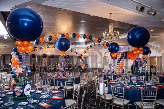 Sports Themed Bar Mitzvah with Navy & Orange Balloon Centerpieces and Gazebo Over Dance Floor at the Mansion at Mountain Lakes