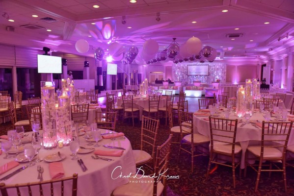 Pink Themed Event Decor with  LED Orchid Centerpiece, Ceiling Balloons & Custom Lounge for Bat Mitzvah at Hampshire Country Club