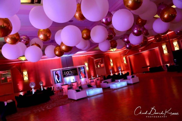 Fashion Themed Bat Mitzvah with White, Gold & Rose Gold Ceiling Treatment, Custom LED Lounge & Rose Gold Uplighting at the Doubletree, Tarrytown