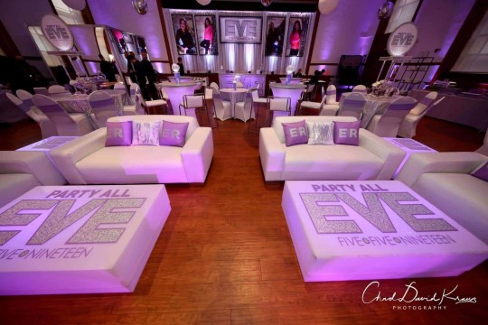 Lavender & Silver Bat Mitzvah Lounge with Custom Logo Tables, Pillows & LED Backdrop with Blowup Photos at Temple Israel Center, White Plains