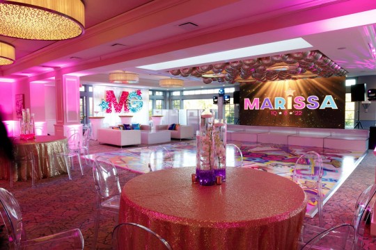 Bat Mitzvah with Metallic Orbz on Ceiling, Custom Logo Balloon Mosaic & Orchid Centerpieces at Fairview Country Club