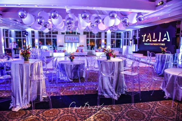 Tropical Themed Bat Mitzvah with White & Silver Ceiling Balloon Treatment and Custom LED Lounge at Beach Point Club
