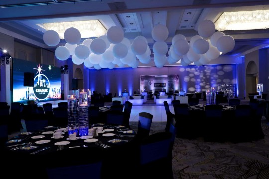 NYC Themed Bar Mitzvah with LED Centerpieces, White Ceiling Balloons & Subway Themed Mural at the Marriott, Park Ridge