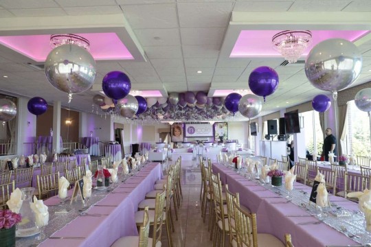 Purple & Silver Bat Mitzvah Setup with Orbz Centerpieces, Loose Ceiling Balloons & Custom Lounge Setup at the Davenport Mansion