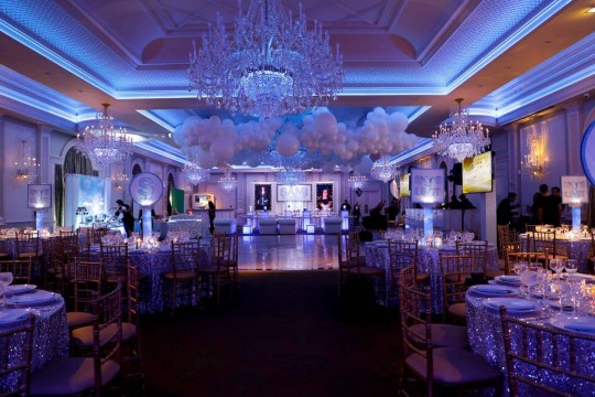 Sky's The Limit Themed Bat Mitzvah with Organic Balloon Cloud Over Dance Floor & LED Logo Centerpieces at The Rockleigh, NJ