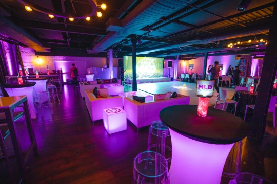 Club Themed Bat Mitzvah with LED Lounge Setup & Logo Centerpieces at Hudson Loft, Irvington