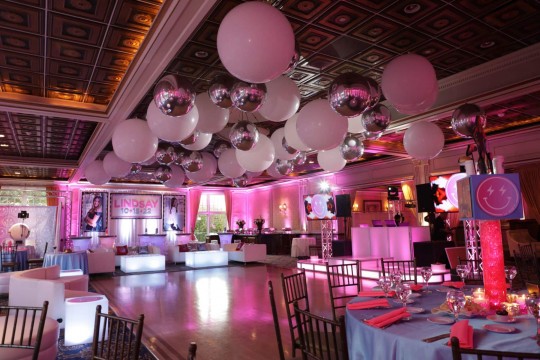 Everything Girl Themed Bat Mitzvah with Custom Centerpieces, Ceiling Balloon Treatment & LED Lounge at VIP Country Club