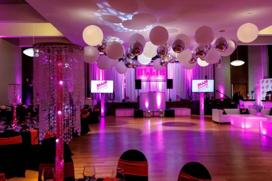 Hot Pink Bat Mitzvah Room with White & Silver Ceiling Treatment at CSAIR Riverdale